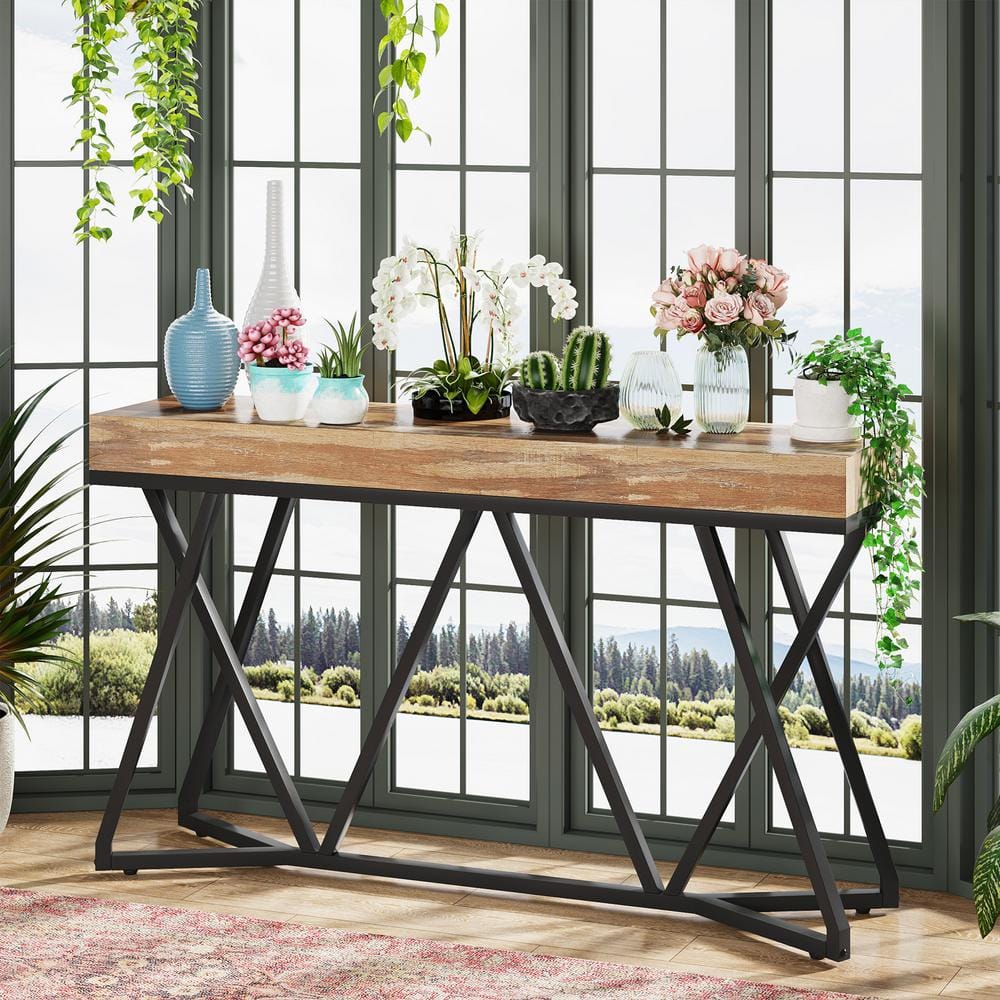 Rustic Brown 55" Wood and Metal Console Table with Storage