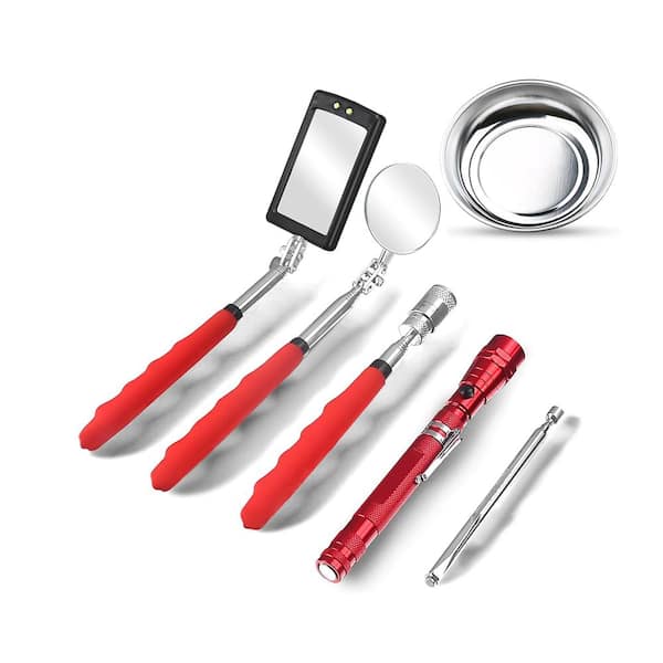 6-Piece Magnetic Pickup Tool Set with Extendable Rods, LED Flashlight, Inspection Mirrors, and Magnetic Tray in Red
