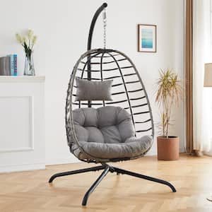 Gray Wicker Patio Swing Hanging Egg Chair with Gray Cushion and Stand