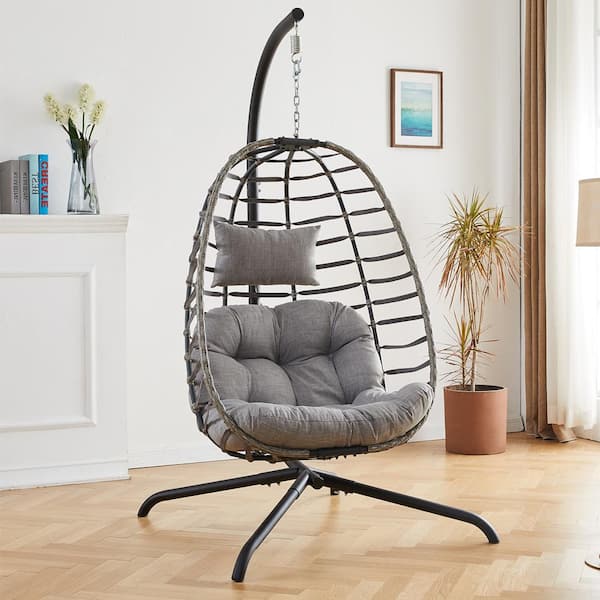 Pocassy Gray Wicker Patio Swing Hanging Egg Chair with Gray Cushion and ...