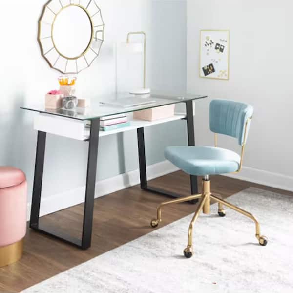Contemporary Task Chair in Gold Metal and Light Blue Velvet