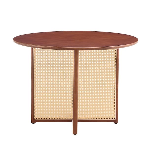 Unbranded Simple Modern Walnut Round Wood Tea Table, Imitation Rattan Dining Table for Dining Room, Living Room, Office