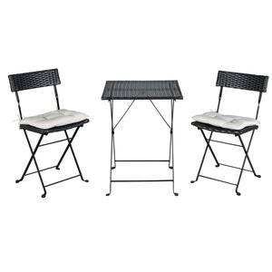 Black 3-Piece Wicker Square Table 28 in. H Outdoor Bistro Set with White Cushion
