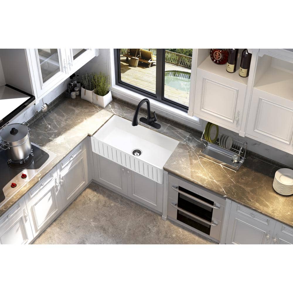 White Stone Farmhouse Apron Front Single Bowl Kitchen Sink