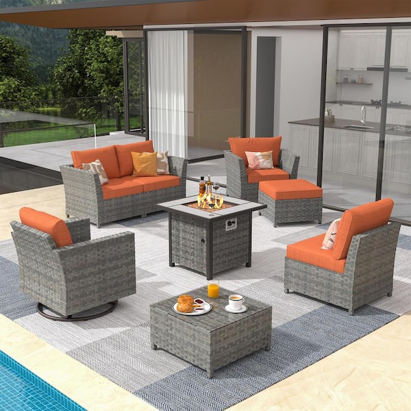 OVIOS Bexley Gray 8-Piece Wicker Fire Pit Patio Conversation Seating Set with Orange Red Cushions and Swivel Chairs