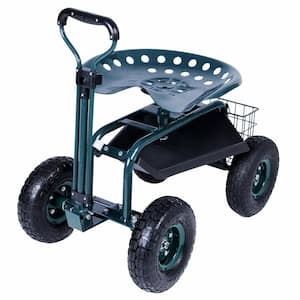 0.18 cu. ft. Rolling Steel Garden Cart with Tool Tray and 360 Swivel Work Seat