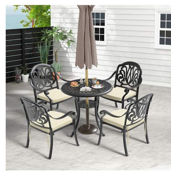 Runesay 5-Piece Set of Cast Aluminum Patio Outdoor Dining Set with Random Colors Cushions and Black Frame