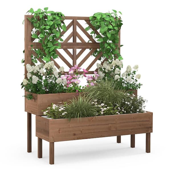 Costway 2-Tier Fir Wood Raised Garden Bed with Trellis Wooden Elevated Planter Box for Vegetables