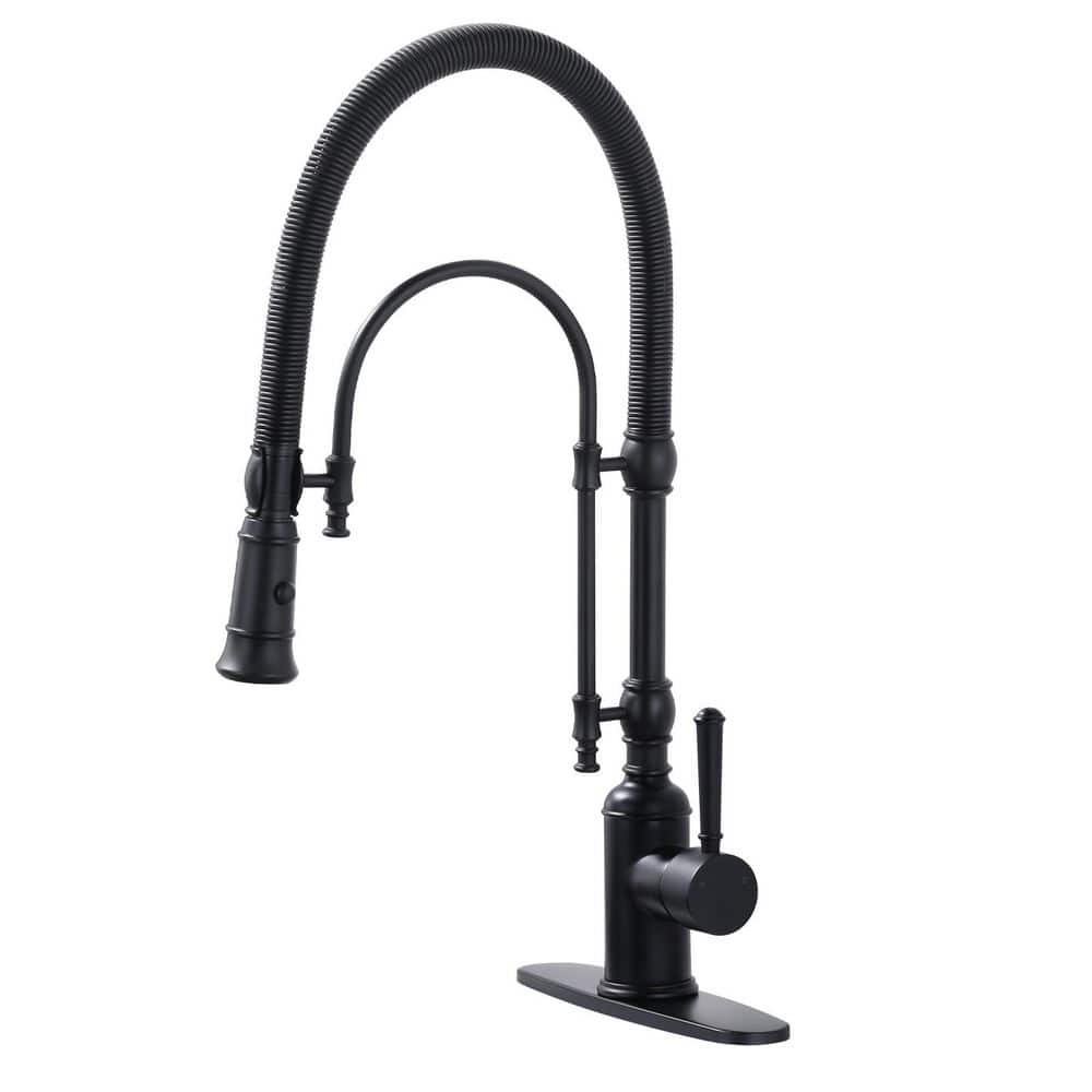 Single-Handle Deck-Mount Semi-Commercial Spring Pull-Down Sprayer Kitchen Faucet with Deck Plate in Matte Black price history on PriceWatchPro