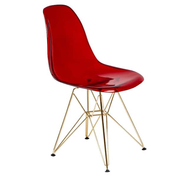 Leisuremod Cresco Modern Plastic Molded Dining Side Chair With Eiffel Gold Legs Transparent Red