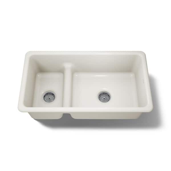 Iron/Tones Smart Divide Undermount Cast-Iron 33 in. Double Bowl Kitchen Sink in Biscuit