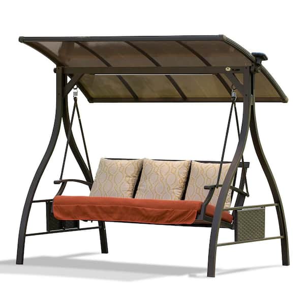 PARASOLAR 3-Person Metal Patio Swing with Adjustable Canopy, Solar LED Light, Folding Sides Table and 3 Sunbrella Cushions
