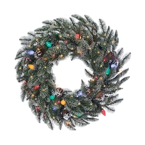 24 in. Lightly Flocked Smoky Mountain Artificial Christmas Wreath with Pine Cones, 65 UL Multi- Color Lights