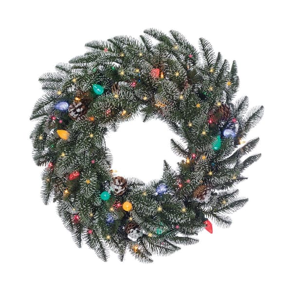 Sterling 24 in. Lightly Flocked Smoky Mountain Artificial Christmas Wreath with Pine Cones, 65 UL Multi- Color Lights