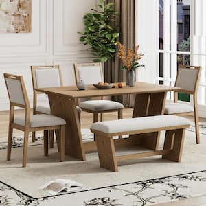 Retro Natural Wood Wash 6-Piece Wood Top Dining Table Set with 4 Upholstered Chairs and 1 Bench