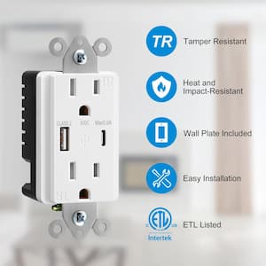White 15 Amp Tamper Resistant Receptacle Outlet with USB-A, USB-C Charger (2-Pack)