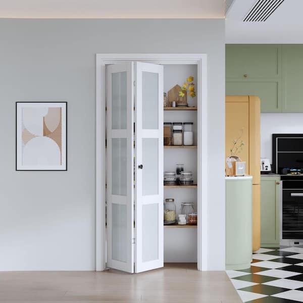 32 in. x 80 in. 3 Lite Frosted Glass White Finished Solid MDF Bi-Fold Door with Hardware Kit