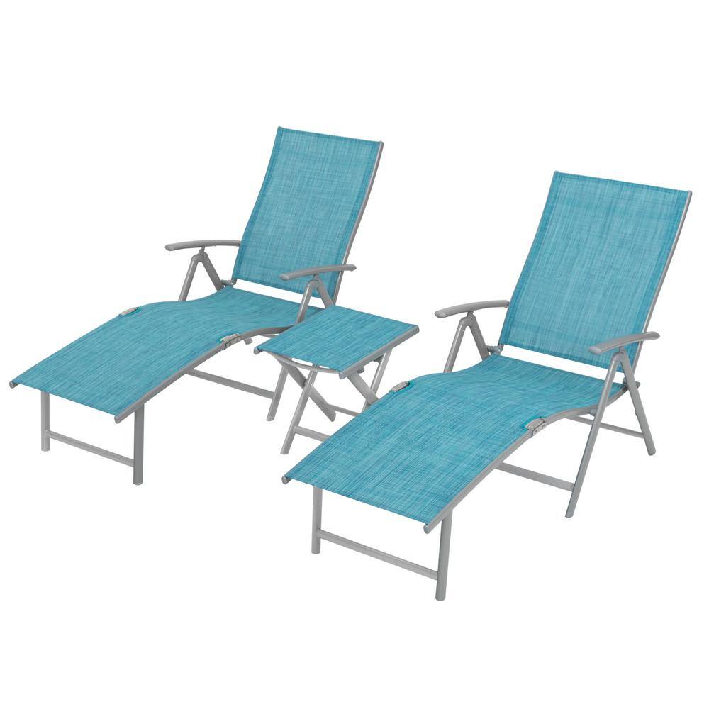 Blue Aluminum 2-Person Folding Chaise Lounge Set with Table