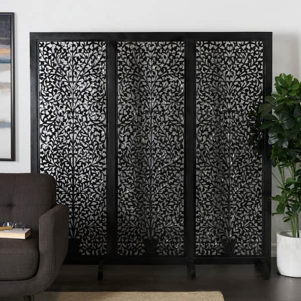 Litton Lane 6 ft. Black Floral Handmade Large Flat Freestanding Carved Room Divider Screen with 4 Feet