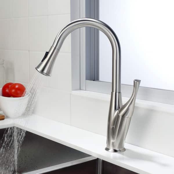 Brushed Nickel Kitchen Faucet Stainless Steel Single Handle Pull Down Sprayer 