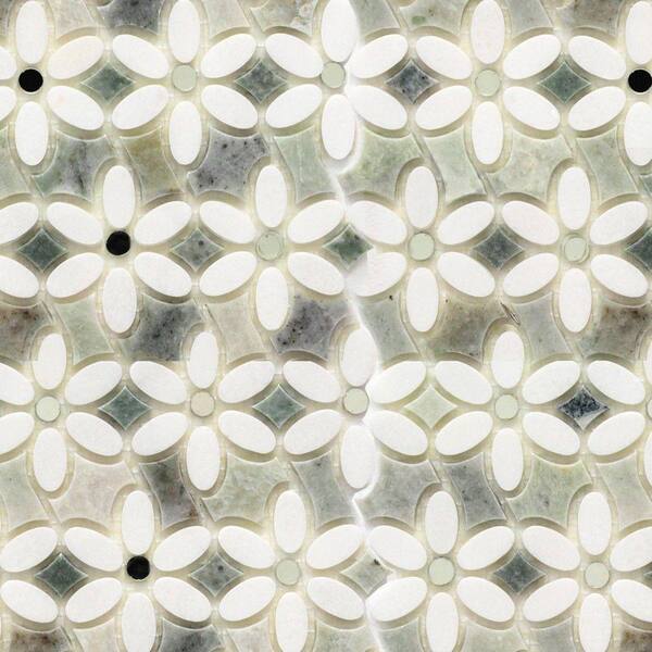 Ivy Hill Tile Steppe Mutisia White Thassos and Ming Green 11-1/2 in. x 12 in. x 8 mm Polished Marble Waterjet Mosaic Tile
