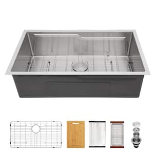 33 in. Undermount Single Bowl 16-Gauge Stainless Steel Z-Shaped Ledge Workstation Kitchen Sink with Bottom Grid