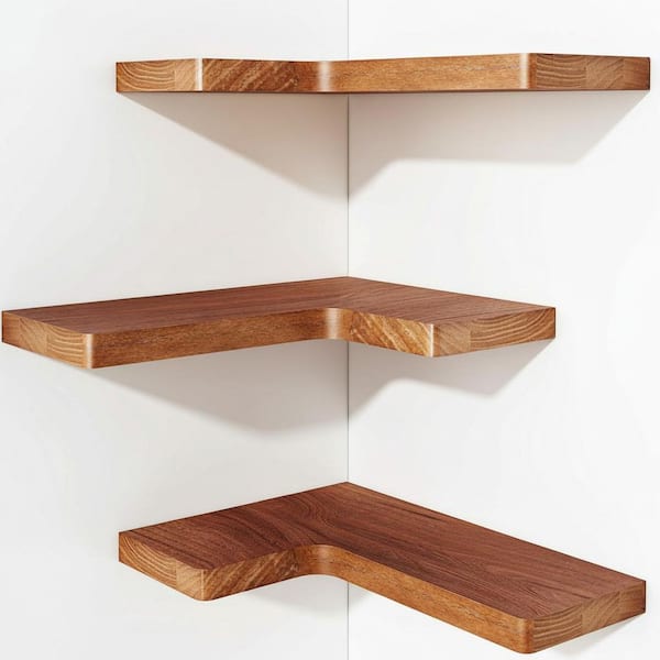 16 in. W x 11.4 in. D Rustic Brown Corner Floating Shelves Set of 3, Solid Wood Decorative Wall Shelf