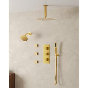 8-Spray Patterns 12 and 6 in. Dual Wall and Ceiling Mount Fixed Shower Head with Handheld 2.5 GPM in Brushed Gold