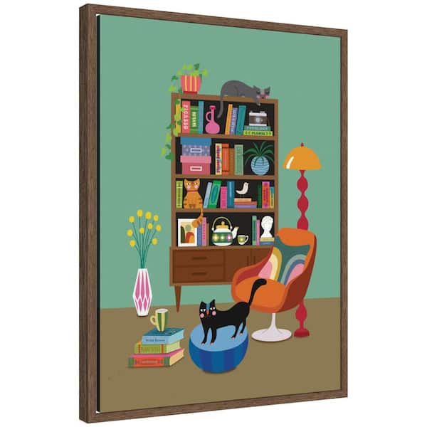 Sylvie "Cat Book Club 2" by Rachel Lee 3 Birdies Studio Animals Framed Canvas Art Print 24 in. x 18 in.