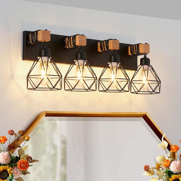 24 in. W 4 Light Black Vanity Light for Bathroom Modern Light Fixture with Metal Cage Lampshade, E26, No Bulbs Included