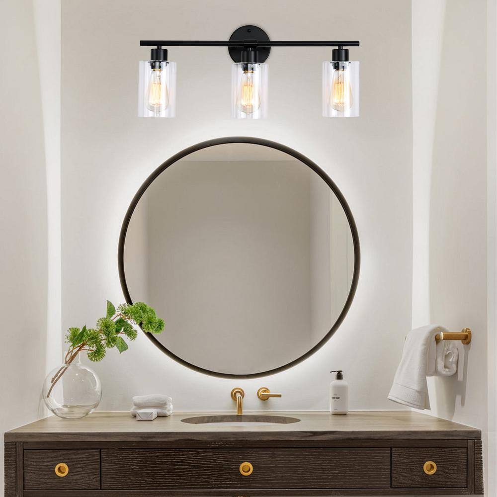 Black Metal 3-Light Vanity with Clear Glass Shades