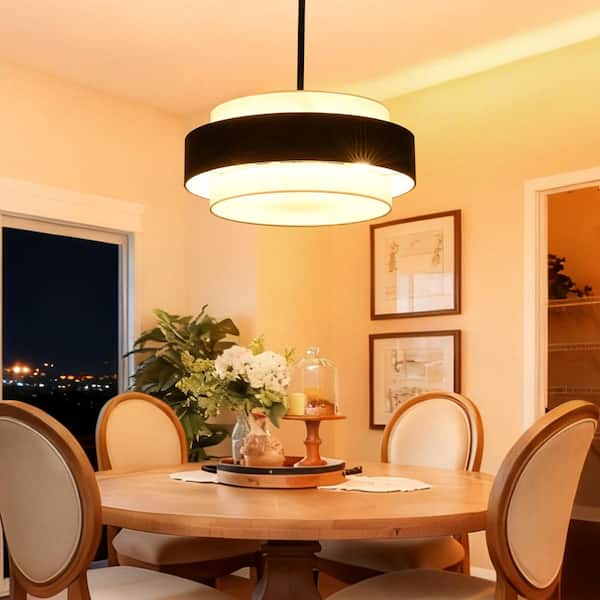 5-Light Black Farmhouse Drum Dimmable Chandelier with Brown Metal and White Fabric Shade Pendant Light for Bedroom