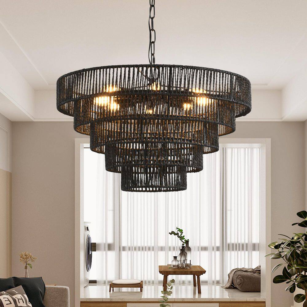 8-Light 23.6 in. Rustic 5-Tier Black Hemp Rope Chandelier Pendant Light with 8 E12 Sockets, UL Listed, No Bulb price history on PriceWatchPro