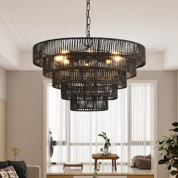 Gloweer 8-Light 23.6 in. Rustic 5-Tier Black Hemp Rope Chandelier Pendant Light with 8 E12 Sockets, UL Listed, No Bulb