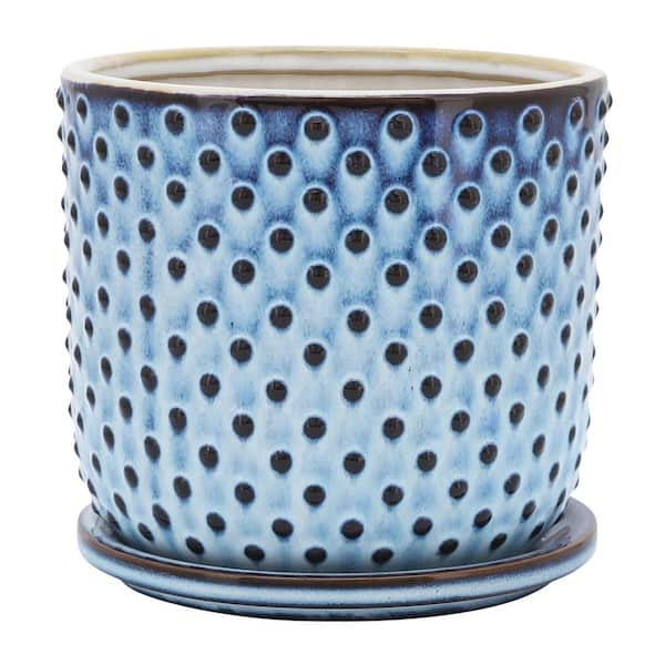 Liv & Skye 6 in. x 6 in. Blue Ceramic Dotted Decorative Pot With Saucer
