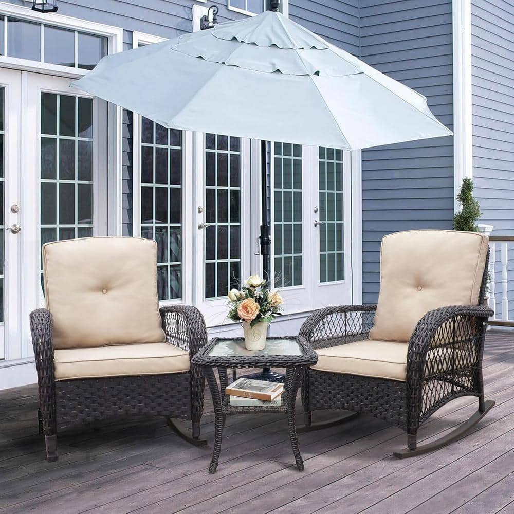 3-Piece Wicker Outdoor Bistro Set with Beige Cushion Conversation Set Rocking Chair with Glass Top Side Table price history on PriceWatchPro