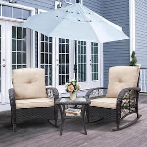3-Piece Wicker Outdoor Bistro Set with Beige Cushion Conversation Set Rocking Chair with Glass Top Side Table