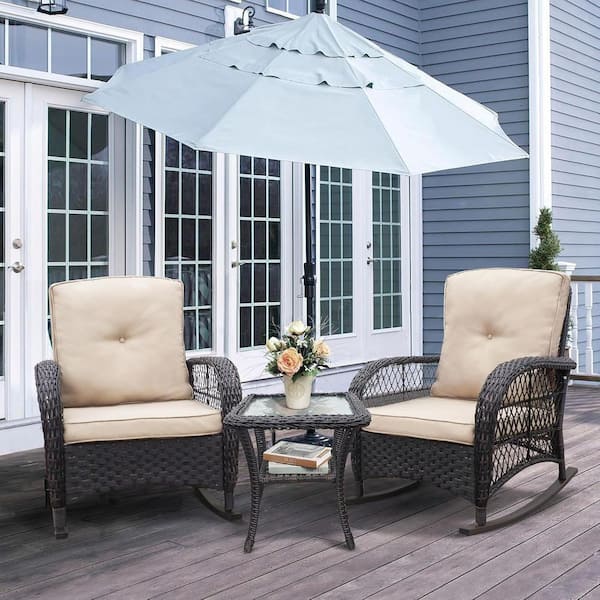 Runesay 3-Piece Wicker Outdoor Bistro Set with Beige Cushion Conversation Set Rocking Chair with Glass Top Side Table