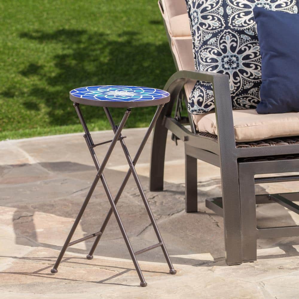 Outdoor Glass Side Table with Iron Frame for Patio, Deck, Garden, Poolside,