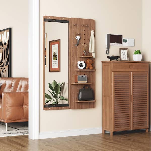 Modern Walnut Rubber Wood 47.6 in. Wx15.7 in. H Wall Mounted Full Length Rectangle Framed Mirror with Shelf for Entrance