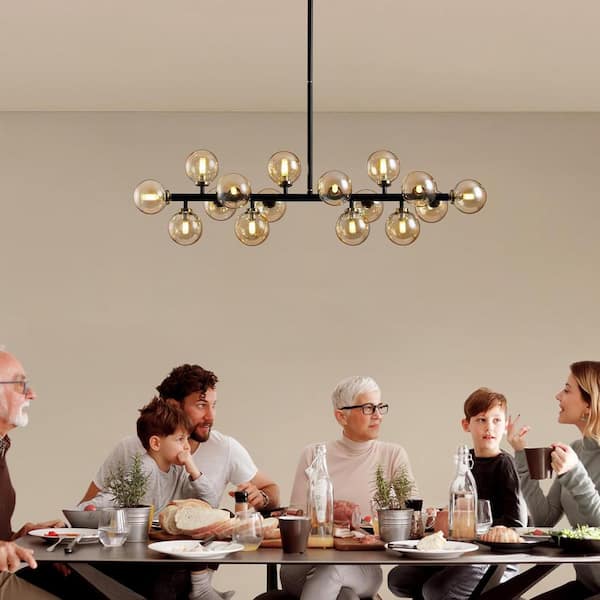 39.4 in. 16-Light Amber Globe Sputnik Chandelier Black Finished