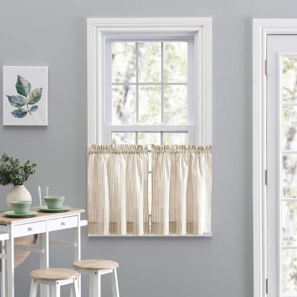 Ellis Curtain Plaza Stripe Tan Polyester/Cotton Light Filtering Tailored Tiers - 56 in. W x 24 in. L