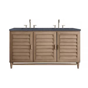 Portland 60 in. W x 23.5 in.D x 34.3 in.H Double Bath Vanity in Whitewashed Walnut with Charcoal Soapstone Quartz Top