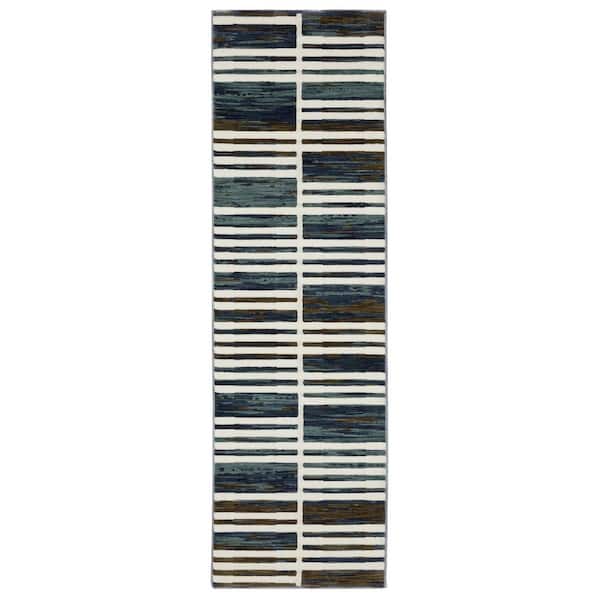 2 X 8 Ivory, Blue Geometric Washable Area Rug Runner Rug