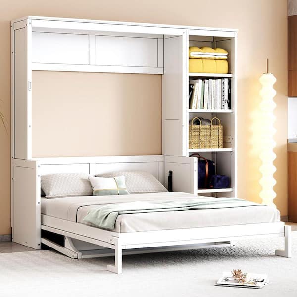 White Wood Frame Full Size Murphy Bed with Desk and Bookshelf