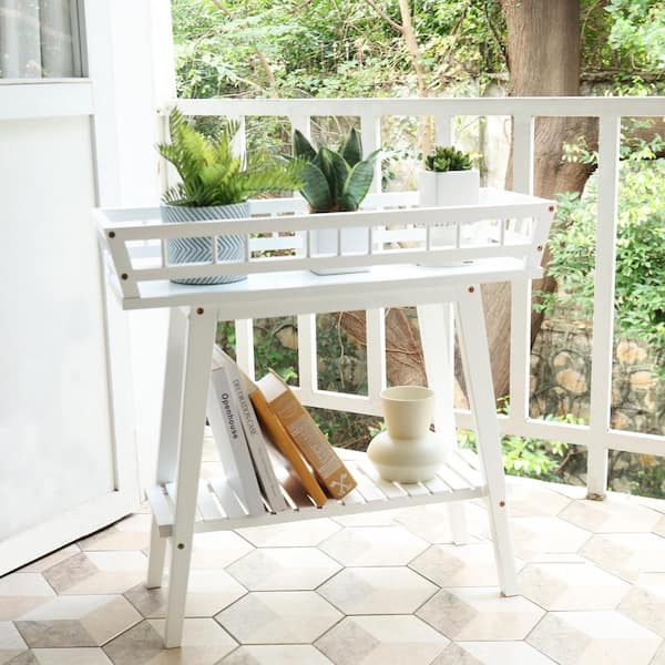 AESOME 2-Tier White Plant Stand 27.7 in. Tall Rectangular Modern