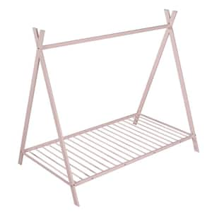 Pink House Bed Tent Bed Frame Twin Size Metal Floor Play House Bed with Slat for Kids Girls Boys