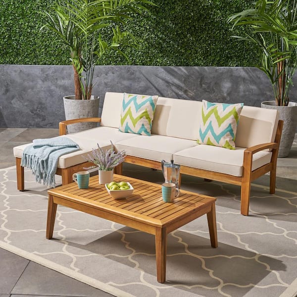 Sudzendf 5-Piece Wood Patio Conversation Set, Patio Sofa Set with Beige Cushions