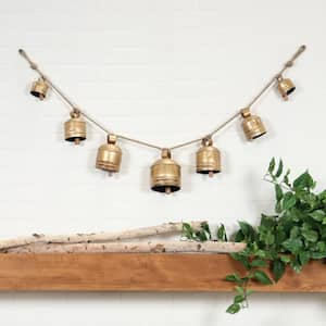 Gold Metal Tibetan Inspired String Hanging Cylindrical Decorative Cow Bells with 7 Bells on Jute Hanging Rope