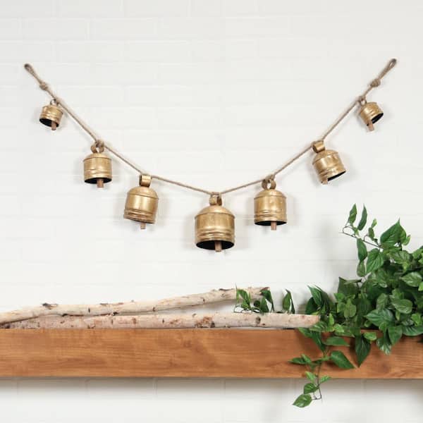 Gold Metal Tibetan Inspired String Hanging Cylindrical Decorative Cow Bells with 7 Bells on Jute Hanging Rope